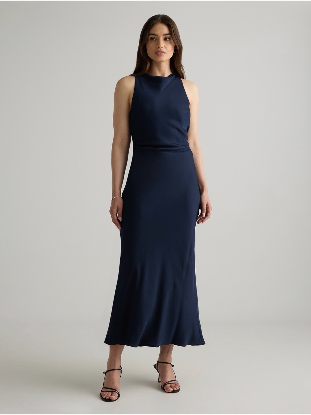 Quince Washable Stretch Silk High Neck Midi Dress Navy XS NWT Open Back